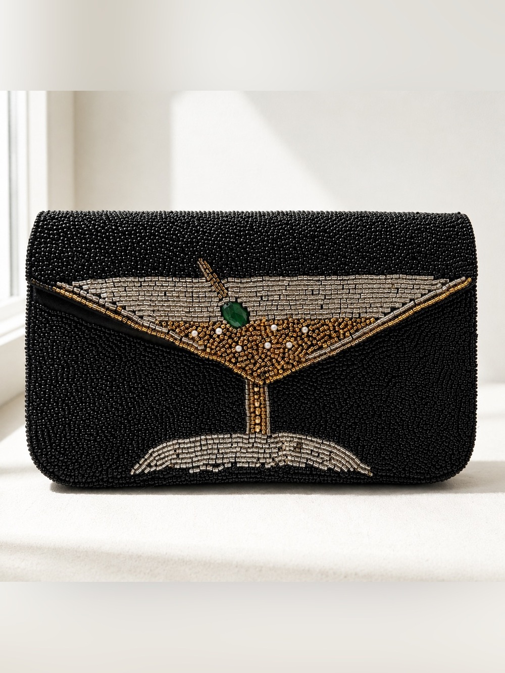 Beaded Black Martini Shoulder Bag with Gold & Green Accent